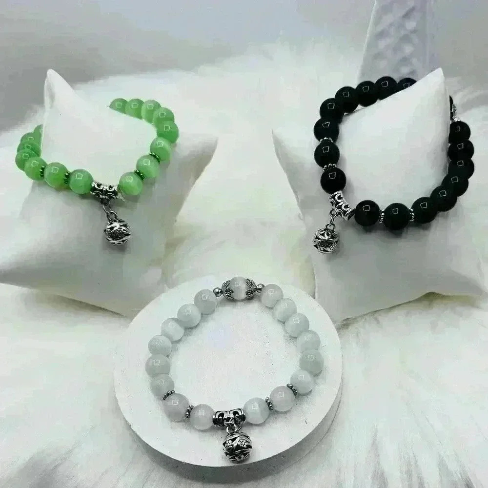 White Moonstone, Green Chrysoberyl & Onyx Natural Stone Bundle 3 Bracelets
